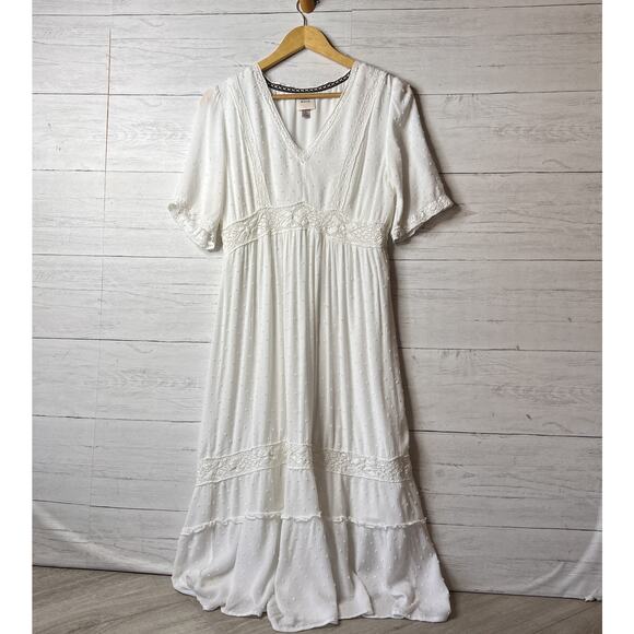 Knox Rose Dress Womens Size Medium Ivory Swiss Dot Peasant Style Tiered Maxi - Picture 1 of 16